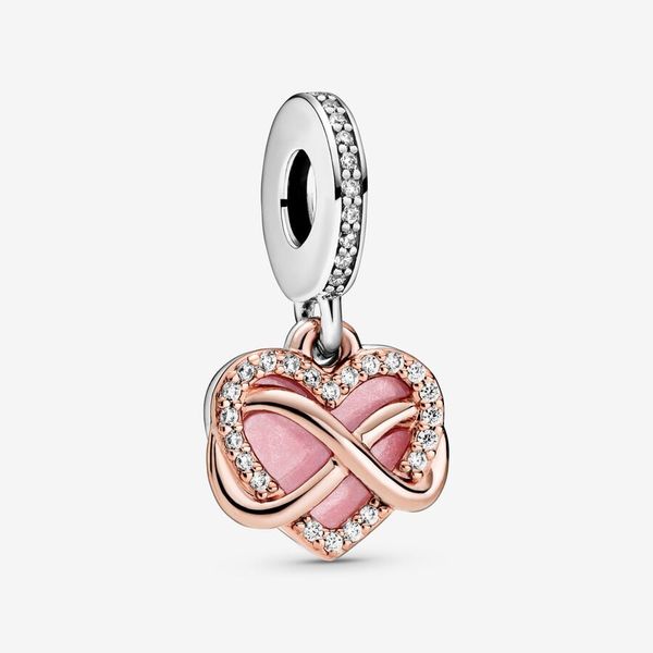 PANDORA Infinity heart 14k rose gold-plated and sterling silver dangle with clear cubic zirconia and pink enamel