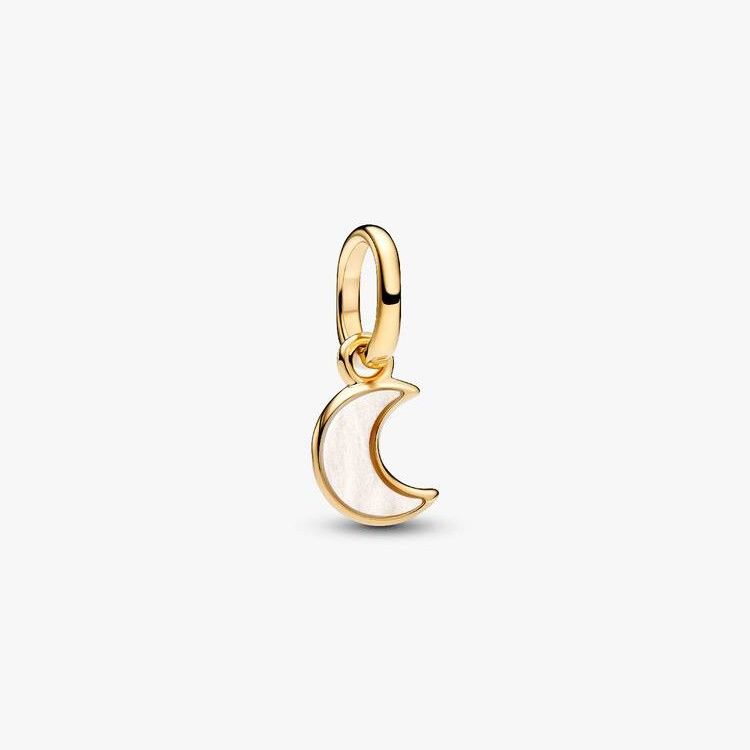 PANDORA Moon 14k gold-plated mini dangle with white bioresin man-made mother of pearl