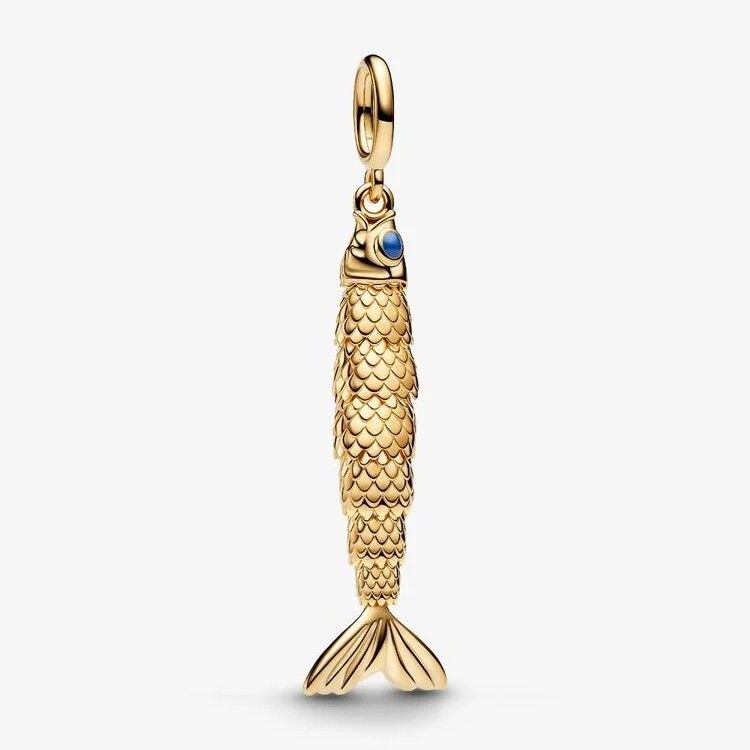 PANDORA Articulated fish 14k gold-plated dangle with blue enamel