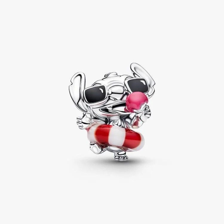PANDORA Disney Stitch sterling silver charm with white and red Murano glass, black and pink enamel
