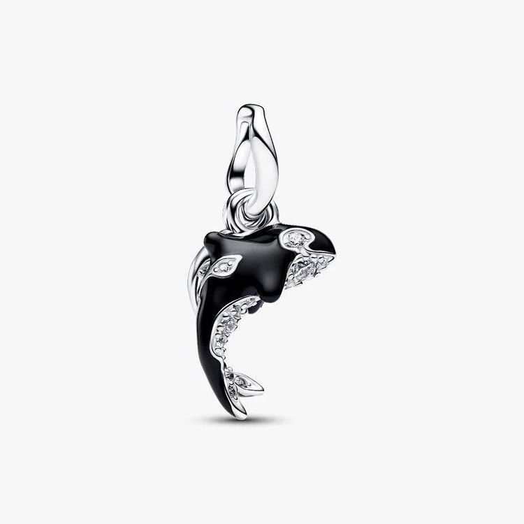 PANDORA Orca sterling silver double dangle with clear cubic zirconia and black enamel