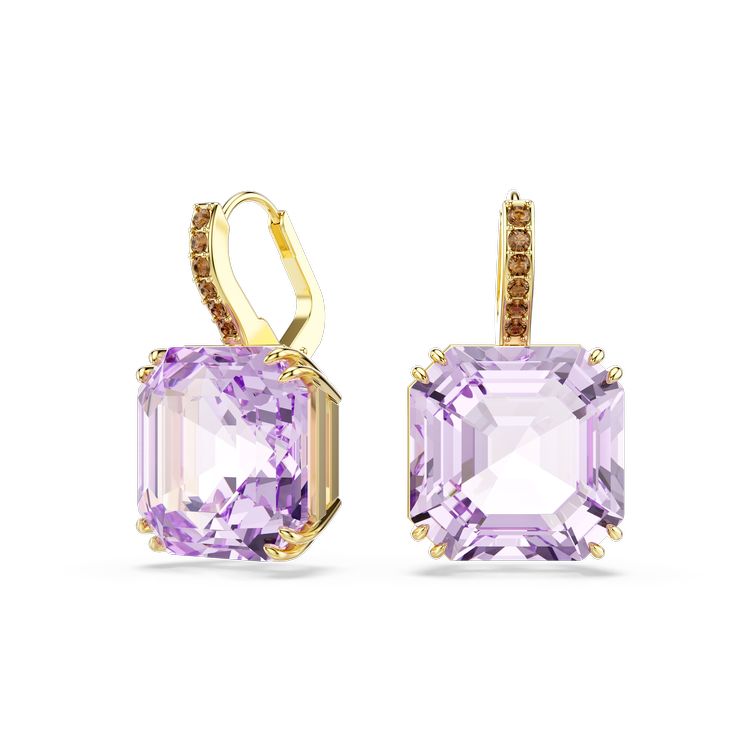 SWAROVSKI Millenia drop earrings, Square cut, Purple, 18K gold finish