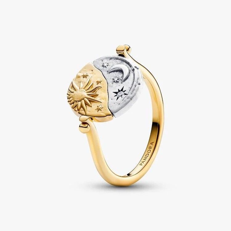 PANDORA Sun and moon sterling silver and 14k gold-plated spinnable ring with clear cubic zirconia
