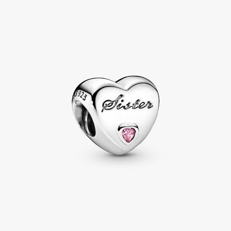 PANDORA Sister heart silver charm with pink cubic zirconia