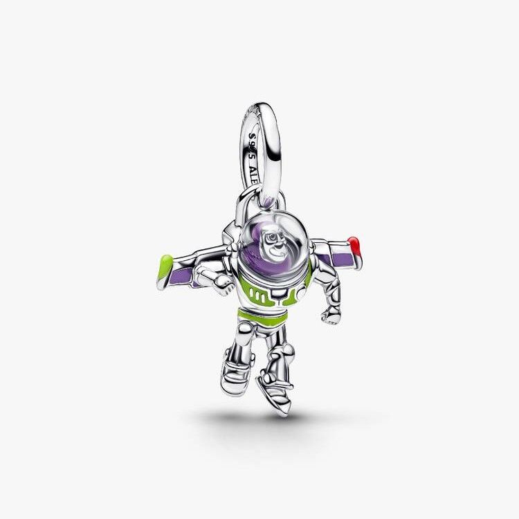 PANDORA Disney Toy Story Buzz Lightyear sterling silver dangle with red, purple, green enamel and transparent UV resin