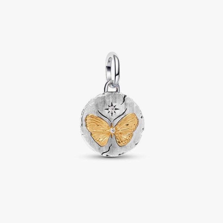 PANDORA Butterfly sterling silver and 14k gold-plated medallion with clear cubic zirconia