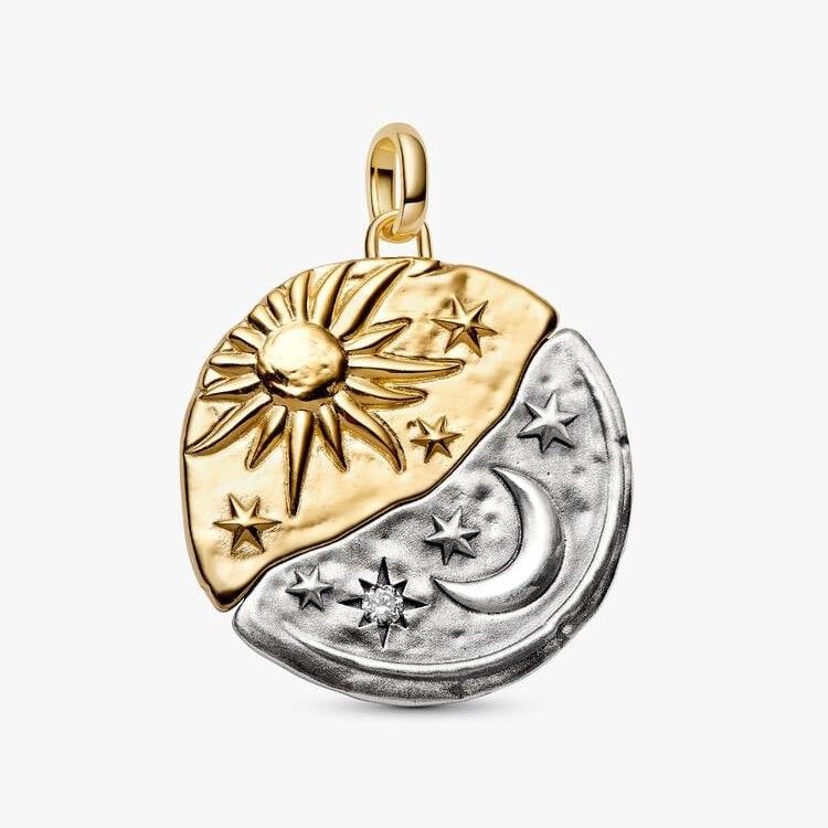 PANDORA Sun and moon sterling silver and 14k gold-plated medallion with clear cubic zirconia