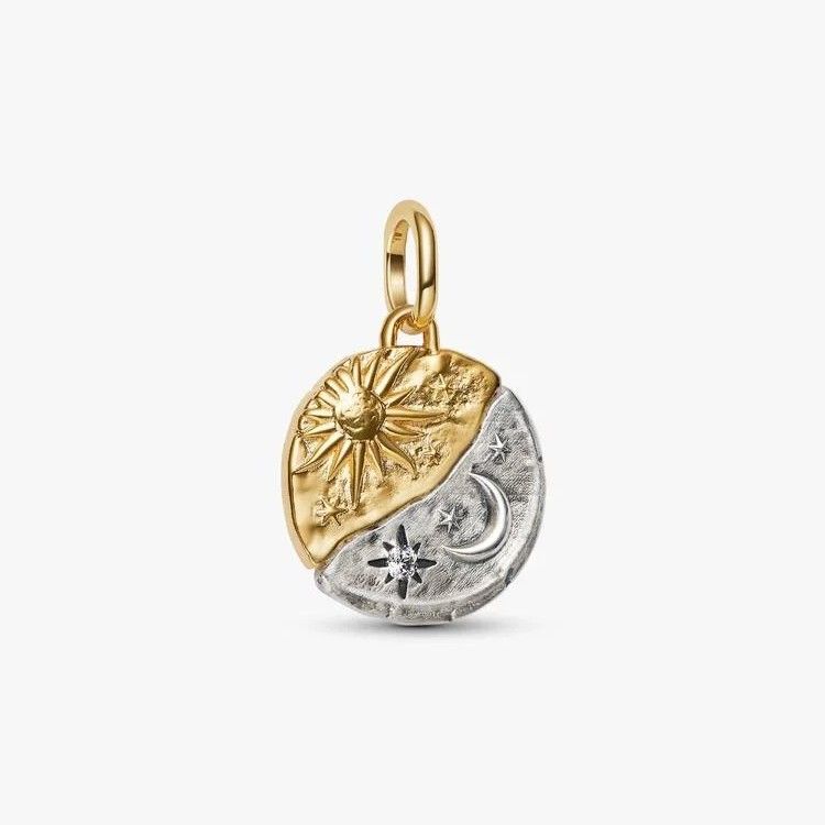 PANDORA Sun and moon sterling silver and 14k gold-plated medallion with clear cubic zirconia