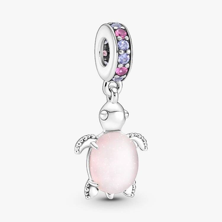 PANDORA Sea turtle sterling silver dangle with frosted dichroic pink Murano glass, regal purple and phlox pink crystal